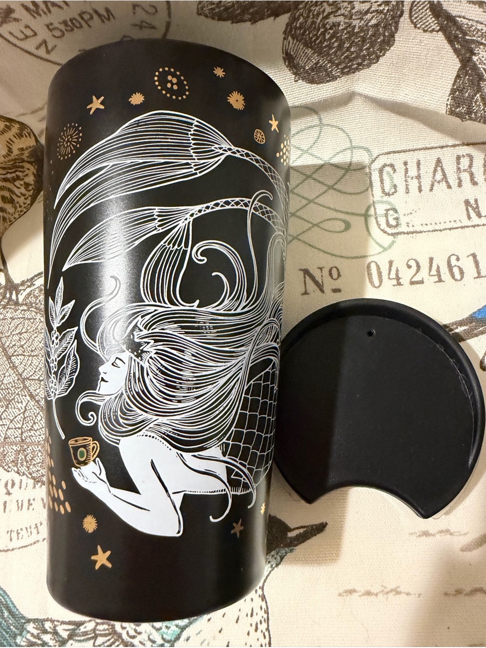Starbucks Black Tumbler with White Logo and Gold Accent